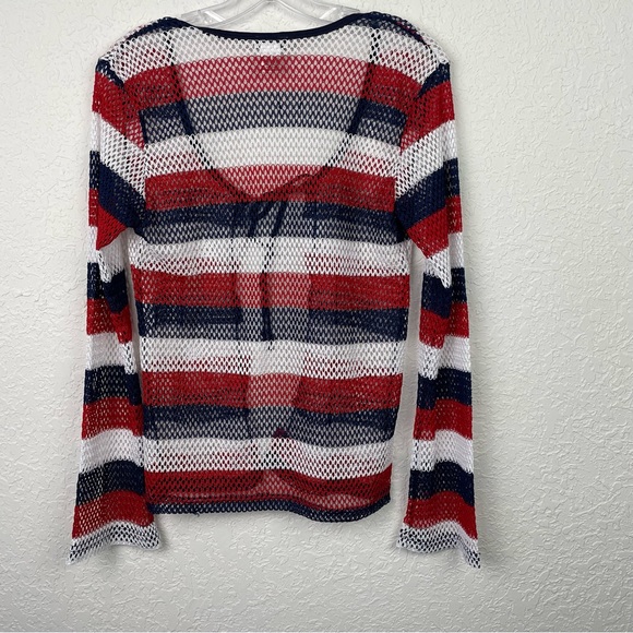 VOICE Red White Blue Striped Open Front Tie Front Longsleeve Cardigan Net Top - Picture 5 of 8